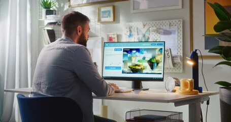 Fototapete - Adult man enters prompt in artificial intelligence chatbot on personal computer. AI video generator creates detailed video of surreal world with floating islands. Advanced AI generated video creation.