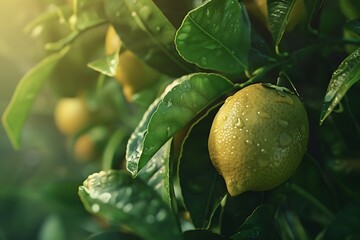 Wall Mural - Lemon fruit tree with ripe and green leaves in sunlight.