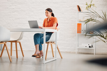 Poster - Woman, smile and typing with laptop in office with planning, inspiration and story at media company. Person, writer and happy with computer for article, feedback and newsletter at creative agency