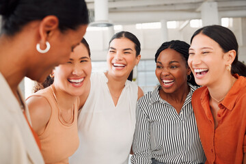 Poster - Happy, laughing and business people with discussion in office for company, meeting and funny joke. Corporate, employees and group of women with smile at work for collaboration, humor or communication