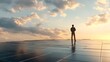 © Farid - View on the rooftop solar power plant with mann walking and examining photovoltaic panels. Concept of alternative energy and its service.
