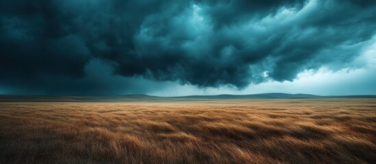 Wall Mural - Dark storm clouds over a vast field of dry grass.