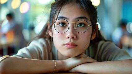 Aufkleber - In a lively cafe, a young woman with long hair and glasses looks thoughtfully at the camera, resting her chin on her hands amid a vibrant atmosphere filled with people.