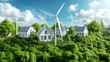 © UraiwanT - Eco-friendly community powered by local wind farm, clean energy, turbines, community resilience, closeup, copy space, deep depth of field.