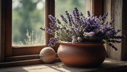 Wall Mural - A pot of lavender flowers, sitting on a rustic windowsill with a soft breeze blowing in from the open window.