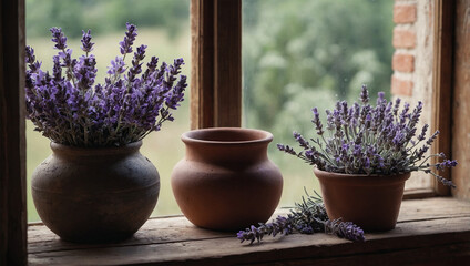 Wall Mural - A pot of lavender flowers, sitting on a rustic windowsill with a soft breeze blowing in from the open window.