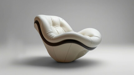 Armchair with beige seat, made of upholstered material and has a curved shape