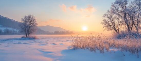 Poster - A picturesque winter sunrise over a snow-covered field with a lone tree in the foreground and a mountain range in the distance.