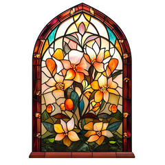 Poster - A stained glass window with floral design, artistic element, 3D rendering, vibrant colors, isolated on white background 