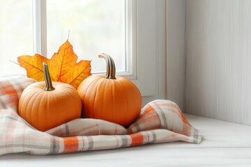 Cozy autumn scene with pumpkins and a plaid blanket, Seasonal, Warmth