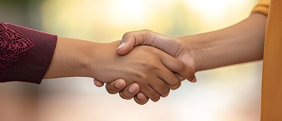 Close-up of a handshake between two individuals, symbolizing agreement, partnership, and trust in a professional or personal setting.