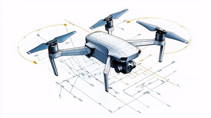 Poster - Drone Blueprint:  A sleek, modern drone hovers over a detailed blueprint, symbolizing technological innovation and engineering prowess.  The image evokes a sense of precision, control.
