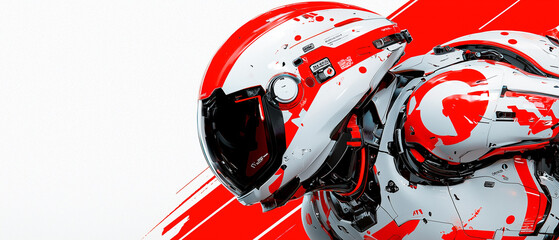 Aufkleber - Futuristic helmet design with red and white paint splatter, showcasing advanced technology and sleek aesthetic. This striking piece embodies innovation and creativity in modern design