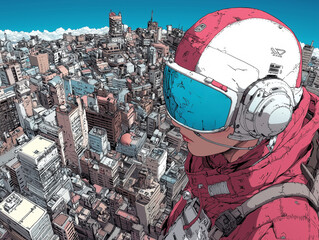 Poster - futuristic character in red and white outfit stands atop cityscape, wearing large blue tinted goggles. vibrant urban environment showcases blend of modern architecture and clear blue sky, evoking