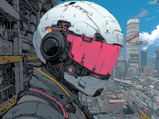 Poster - Futuristic robot with sleek helmet and vibrant visor stands against cityscape, showcasing advanced technology and urban architecture. scene evokes sense of innovation and exploration