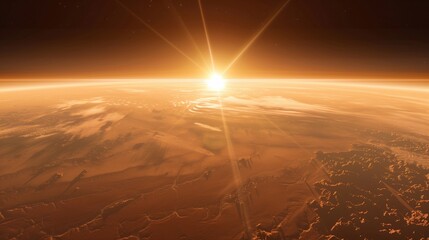 stunning sunrise over a beautifully detailed martian landscape. perfect for space, science, or futur