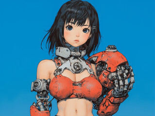 Poster - futuristic girl in robotic suit stands confidently against bright blue background, showcasing blend of technology and human features. Her expression conveys determination and strength