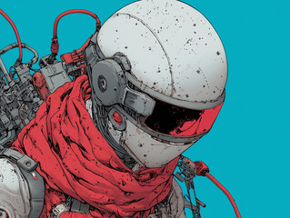 Poster - futuristic astronaut wearing sleek helmet and vibrant red scarf stands against bright blue background. detailed design showcases blend of technology and style, evoking sense of adventure and