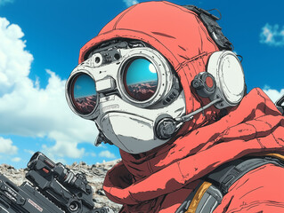 futuristic character in red hooded outfit, wearing large goggles and equipped with weapon, stands against dramatic sky. scene conveys sense of adventure and exploration