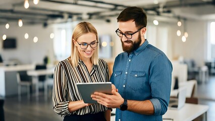 Two professionals with a tablet discussing work in a modern office space.