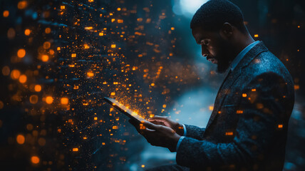 Poster - A man is sitting in a dark room and looking at a tablet. The tablet is glowing with a bright light, and the man is focused on it. The scene gives off a sense of mystery and intrigue