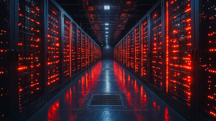 Poster - A large, empty room with red lights illuminating the floor. The lights are on and the room appears to be empty