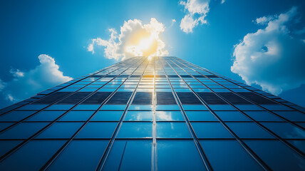 Poster - A tall building with a large window on the side. The sun is shining through the window, creating a beautiful reflection on the glass