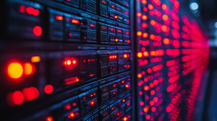 Poster - A computer server room with many servers and lights on. The lights are red and the room is very dark