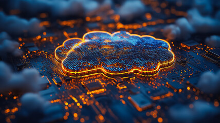 Poster - A computer chip with a brain on it. The brain is orange and blue. The chip is surrounded by a city