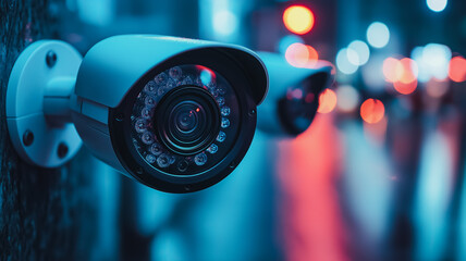 Two security cameras are mounted on a wall, one of which is facing the street. The other is facing the building. The street is lit up with bright lights, creating a moody atmosphere