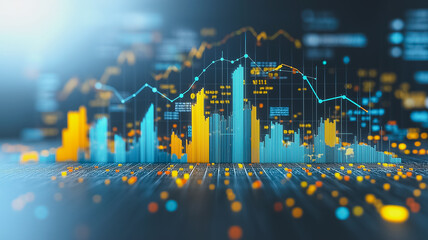Poster - A colorful graph of a city skyline with a yellow line in the middle. The graph is a representation of the stock market and the yellow line is a trend line