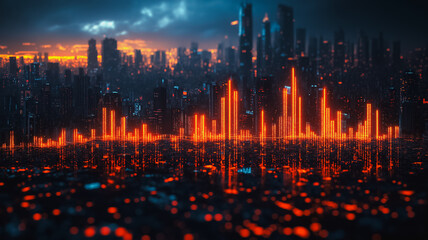 Poster - A cityscape with orange lights and a dark sky. The city is lit up with neon lights and the sky is cloudy. Scene is mysterious and futuristic
