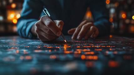 Poster - A person is writing with a pen on a table. Concept of focus and concentration as the person writes. The pen is held in a way that suggests a deliberate and intentional motion
