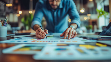 Poster - a man is writing on a piece of paper with a pen. he is focused on his work and he is in a serious mo