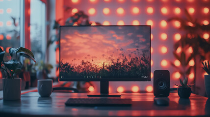 Poster - A computer monitor is on a desk with a view of a sunset. The room is dimly lit with red lights