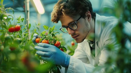 Wall Mural - A biotechnologist monitoring the growth of genetically engineered crops in a greenhouse, using sensors and data analysis tools to track plant health and development.