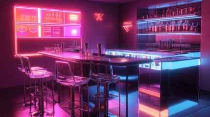 A futuristic 80s bar area with programmable LED lighting