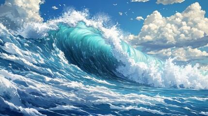 Giant Ocean Wave Anime Style Illustration