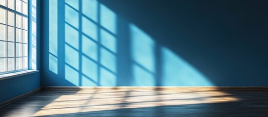 Poster - Empty room with blue wall, wooden floor, and window with sunbeams.