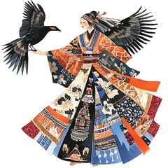 Sticker - Woman in Traditional Japanese Clothing with a Black Bird.