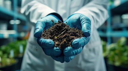 Wall Mural - Close-up of a scientist's hand holding a soil sample in a lab to test for nutrients and pH levels as part of agricultural research to improve crop yields.