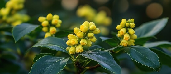 Canvas Print - Close-up of yellow flower buds on a green bush with leaves.