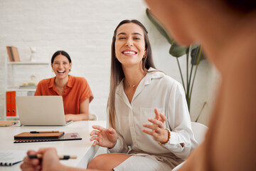 Canvas Print - Office, business people and women with discussion for creative agency, share ideas and startup progress. Boardroom, employees and journalism team with conversation for news story, tips and laughing