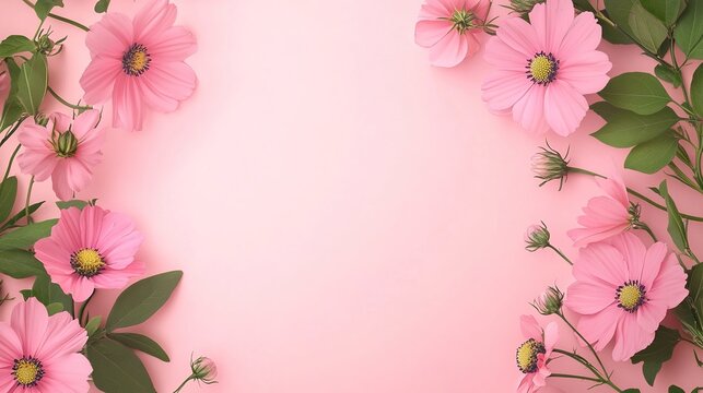Elegant greenery decorative frame with pink cosmos flowers, decorative border, corner for greeting card, banner, business card, invitation, menu. pink background space for text 