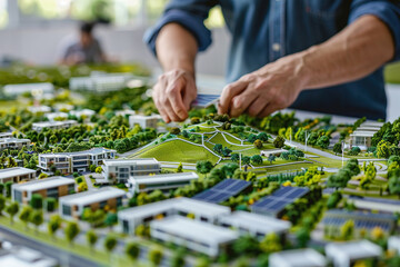 Architect presenting a 3D model of a sustainable city, green roofs and solar panels highlighted