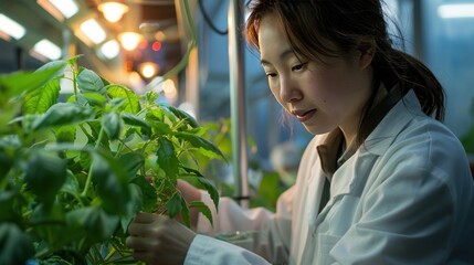 Wall Mural - A researcher conducting an experiment to modify plant genes using CRISPR, studying how genetic edits affect plant growth and resistance to diseases.