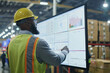 © Degimages - Manager reviewing inventory dashboard on a large screen, workers loading pallets in background