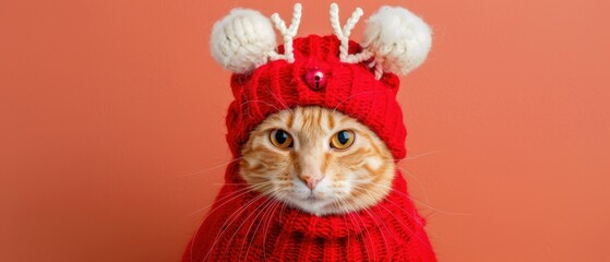 Wall Mural - A cat wearing a festive red knitted hat with antlers. AI.