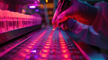 Wall Mural - A researcher using CRISPR gene-editing tools to modify DNA sequences in a high-tech lab, with a digital display showing the CRISPR-Cas9 process in action.