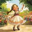 © seksun - Cartoon girl in a Hungarian folk costume, smiling and dancing on a festival stage